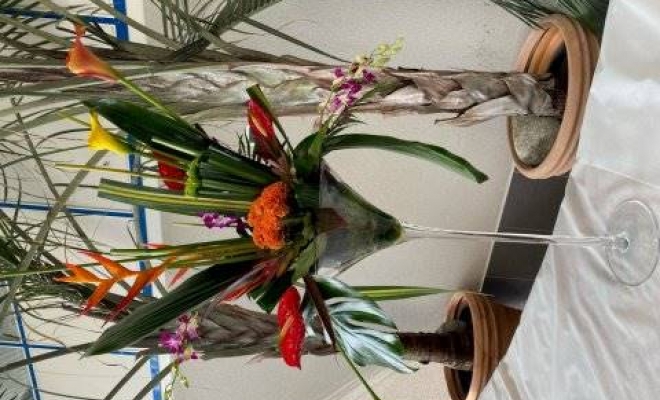 Vase martini en fleurs exotiques, Vaugneray, Alloin Fleurs